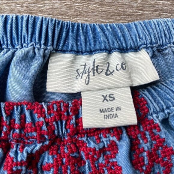 Style & Co Off The Shoulder Voyage Sunwash Chambray Embroidery Dress - Picture 6 of 15